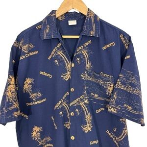 Button Down Vacation Shirt Mens XL Navy Blue Curacao Dutch Caribbean Cotton VGUC